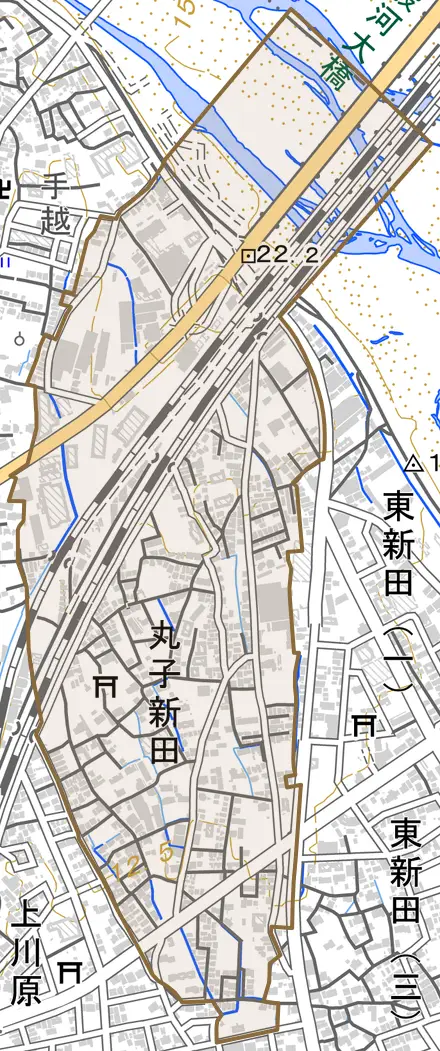 丸子新田とその周辺の地図。町の範囲を重ねている
