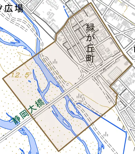 緑が丘町とその周辺の地図。町の範囲を重ねている