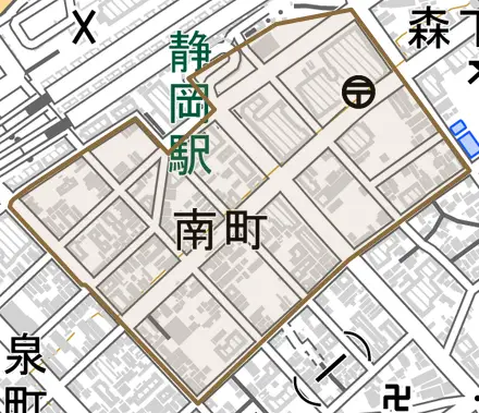 南町とその周辺の地図。町の範囲を重ねている