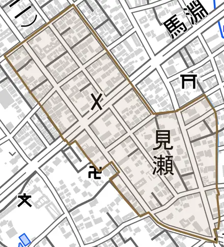 見瀬とその周辺の地図。町の範囲を重ねている