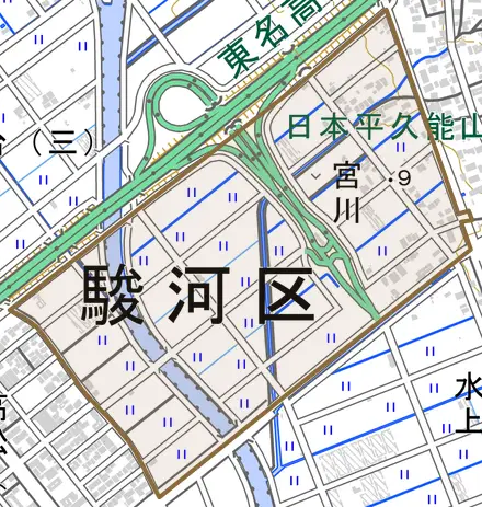 宮川とその周辺の地図。町の範囲を重ねている