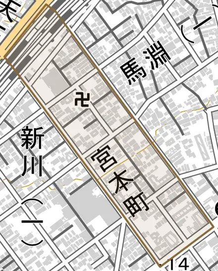 宮本町とその周辺の地図。町の範囲を重ねている