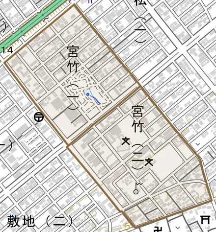 宮竹とその周辺の地図。町の範囲を重ねている
