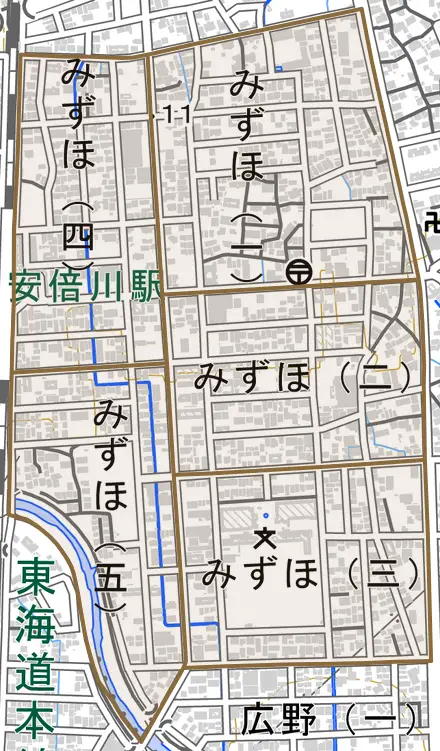 みずほとその周辺の地図。町の範囲を重ねている