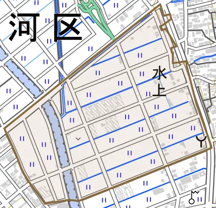 水上とその周辺の地図。町の範囲を重ねている