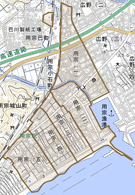 用宗とその周辺の地図。町の範囲を重ねている