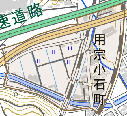 用宗小石町とその周辺の地図。町の範囲を重ねている