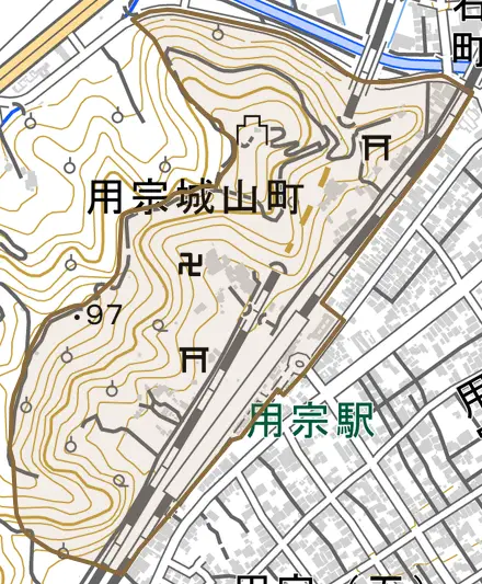 用宗城山町とその周辺の地図。町の範囲を重ねている