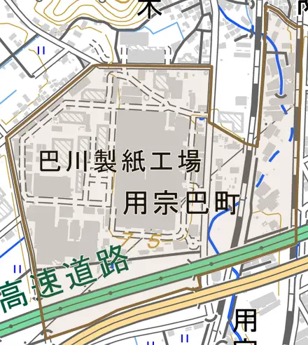 用宗巴町とその周辺の地図。町の範囲を重ねている
