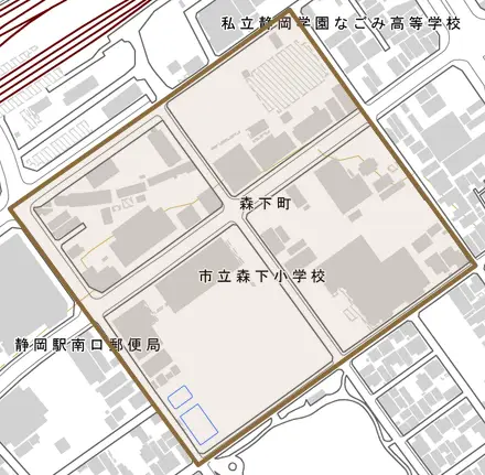森下町とその周辺の地図。町の範囲を重ねている