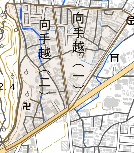 向手越とその周辺の地図。町の範囲を重ねている