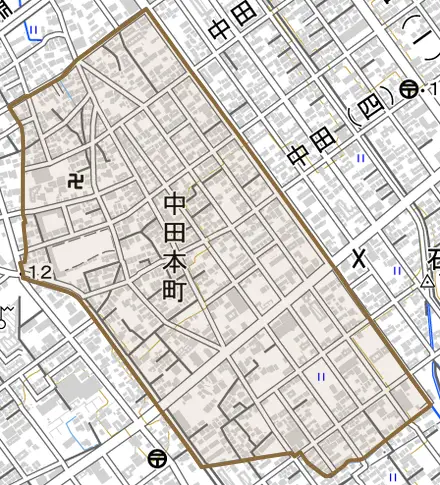 中田本町とその周辺の地図。町の範囲を重ねている