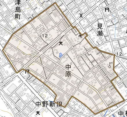 中原とその周辺の地図。町の範囲を重ねている