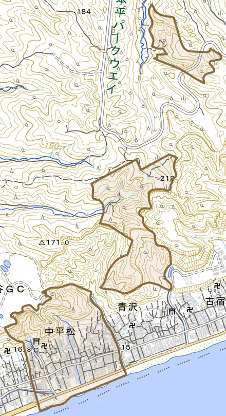 中平松とその周辺の地図。町の範囲を重ねている