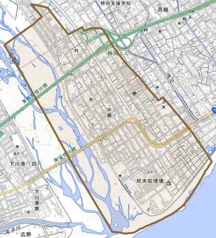 中島とその周辺の地図。町の範囲を重ねている