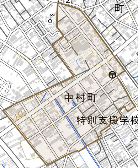 中村町とその周辺の地図。町の範囲を重ねている