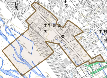 中野新田とその周辺の地図。町の範囲を重ねている