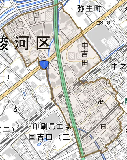 中吉田とその周辺の地図。町の範囲を重ねている