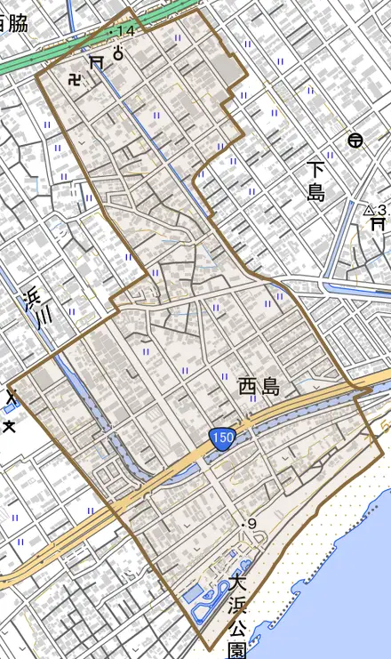 西島とその周辺の地図。町の範囲を重ねている