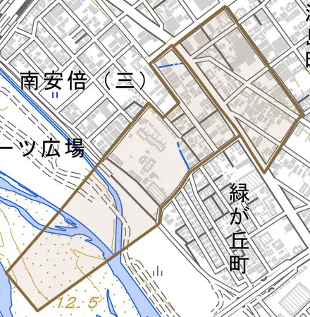 西中原とその周辺の地図。町の範囲を重ねている