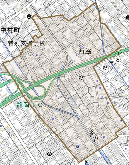 西脇とその周辺の地図。町の範囲を重ねている