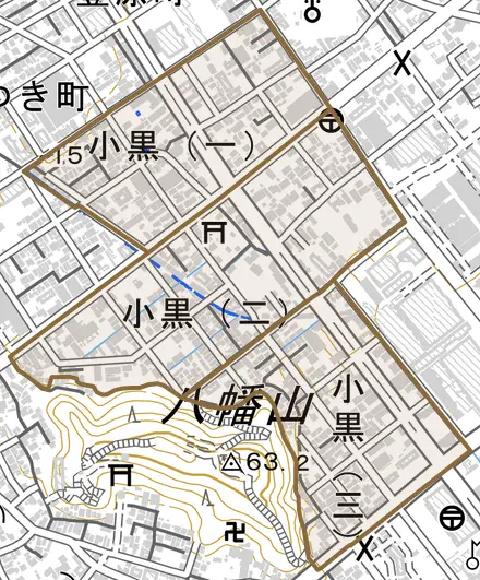 小黒とその周辺の地図。町の範囲を重ねている