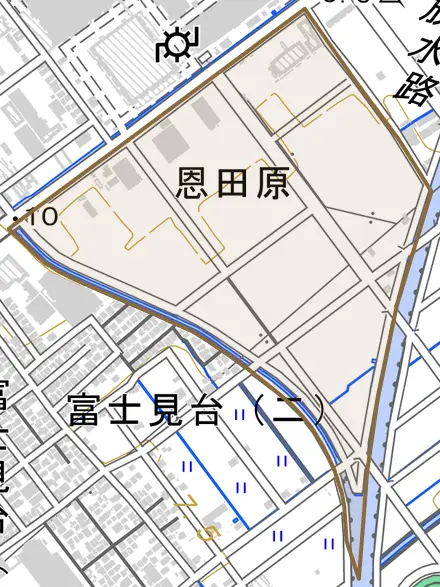 恩田原とその周辺の地図。町の範囲を重ねている
