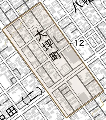 大坪町とその周辺の地図。町の範囲を重ねている