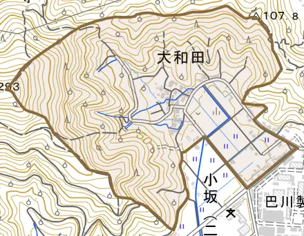大和田とその周辺の地図。町の範囲を重ねている