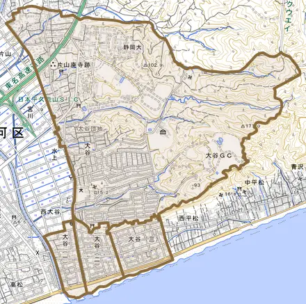 大谷とその周辺の地図。町の範囲を重ねている