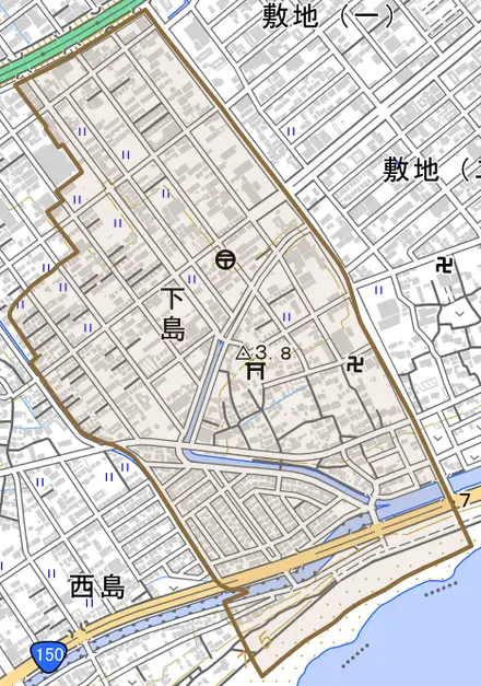 下島とその周辺の地図。町の範囲を重ねている