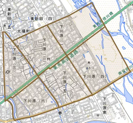 下川原とその周辺の地図。町の範囲を重ねている