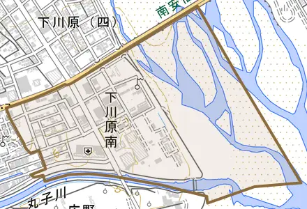 下川原南とその周辺の地図。町の範囲を重ねている