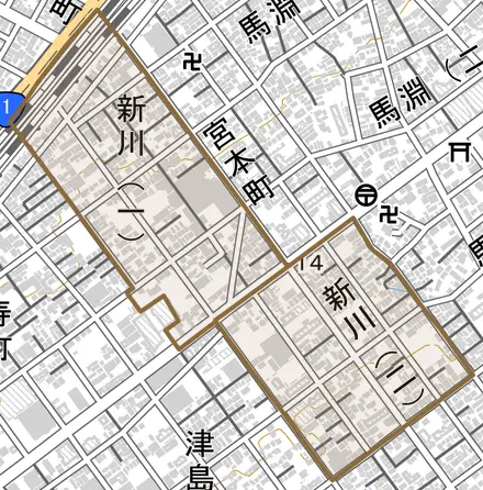新川とその周辺の地図。町の範囲を重ねている