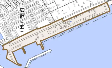 広野海岸通とその周辺の地図。町の範囲を重ねている