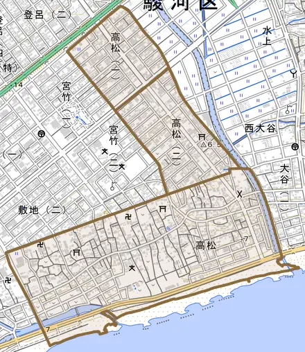 高松とその周辺の地図。町の範囲を重ねている