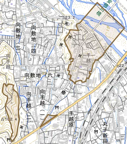 手越とその周辺の地図。町の範囲を重ねている