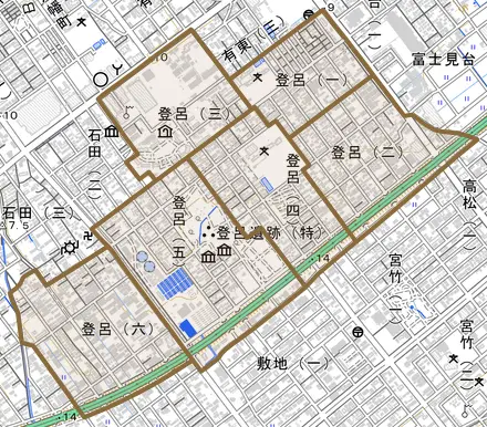 登呂とその周辺の地図。町の範囲を重ねている