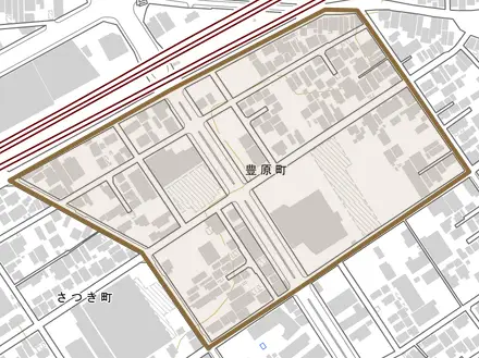 豊原町とその周辺の地図。町の範囲を重ねている