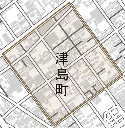 津島町とその周辺の地図。町の範囲を重ねている