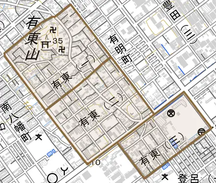 有東とその周辺の地図。町の範囲を重ねている