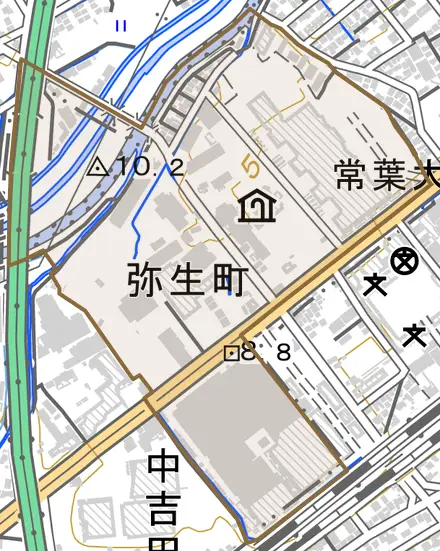 弥生町とその周辺の地図。町の範囲を重ねている