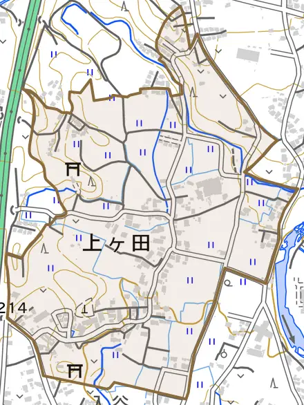 上ケ田とその周辺の地図。町の範囲を重ねている