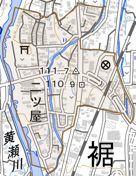 二ツ屋とその周辺の地図。町の範囲を重ねている