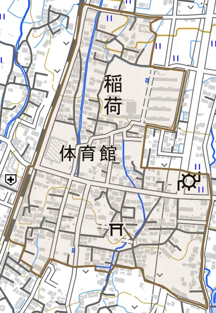 稲荷とその周辺の地図。町の範囲を重ねている