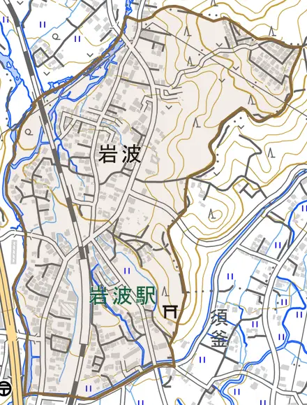 岩波とその周辺の地図。町の範囲を重ねている
