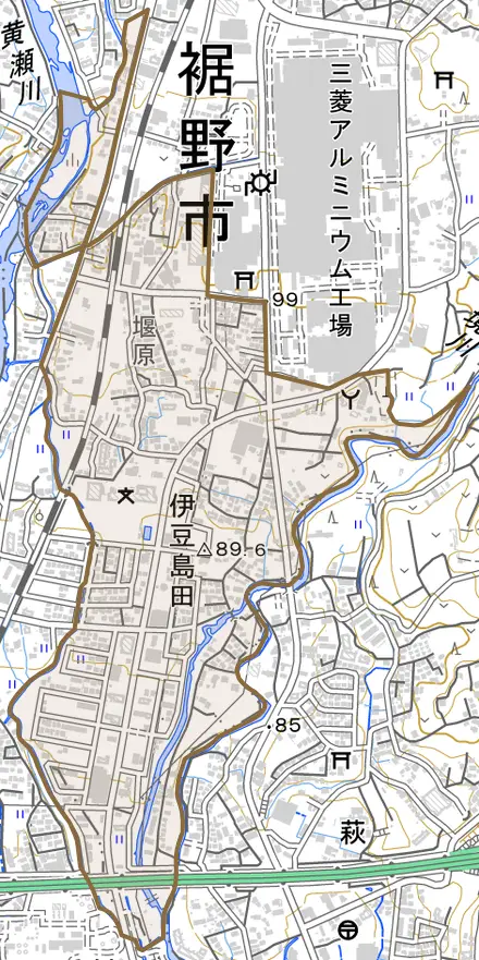 伊豆島田とその周辺の地図。町の範囲を重ねている
