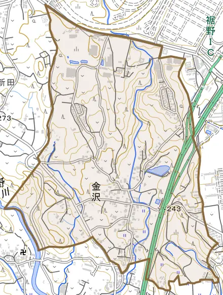 金沢とその周辺の地図。町の範囲を重ねている