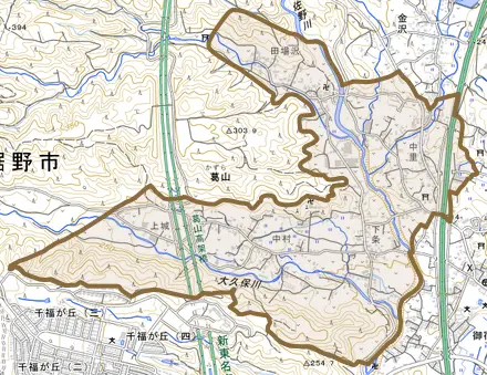 葛山とその周辺の地図。町の範囲を重ねている