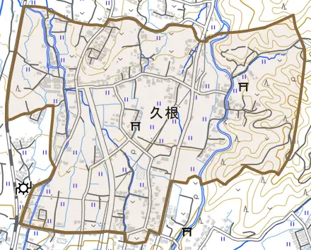 久根とその周辺の地図。町の範囲を重ねている